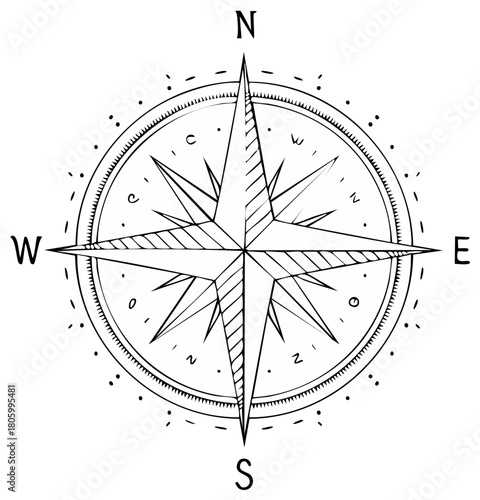 Hand drawn black and white compass rose illustration symbolizing navigation guidance and adventure direction