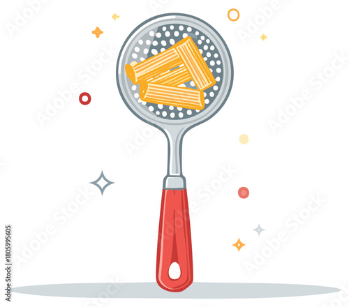 Pasta strainer holds rigatoni noodles with red handle cooking utensil illustration