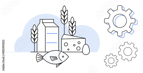 Milk, cheese, fish, wheat, and gears depict food production, sustainability, agriculture, industry nutrition economic growth and innovation. Ideal for farming supply chain agribusiness