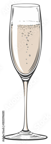 Elegant hand drawn champagne flute with sparkling wine bubbles for a celebration
