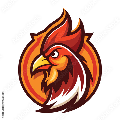 a red rooster head in a circle on a white background