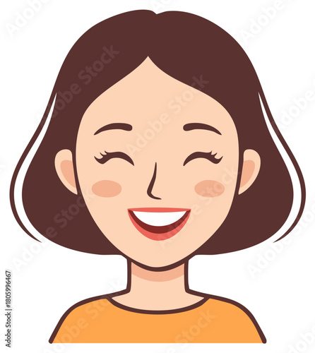 Close-up of a happy woman with short brown hair and rosy cheeks smiling broadly