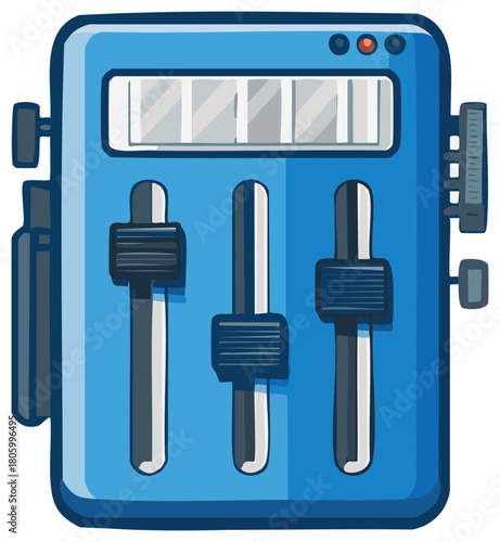 Blue audio mixer with slider controls for sound, cartoon design