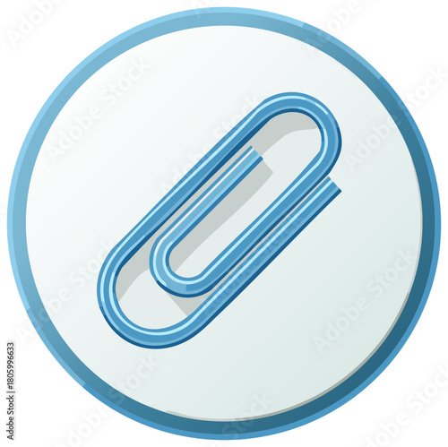 Attachment icon paperclip in a blue circle for document office file attachment with a wire binder and shadow, clip symbol