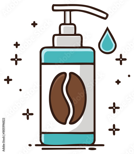 Coffee Bean Infused Pump Bottle with Droplet Icon Illustration Skincare Product