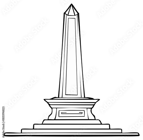 A tall stone obelisk monument with a pointed top and stepped base depicted in a simple line drawing style.