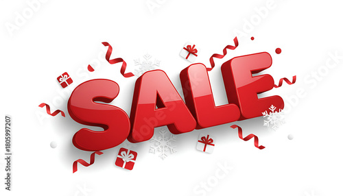 Bold 3D Red SALE Banner with Festive Paper Gifts and Snowflakes - Holiday Promotion Design Element with Copy Space. wallpaper