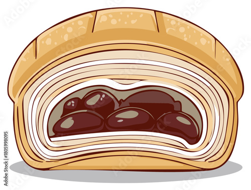 Illustration of a sweet bread roll, filled with red beans, flaky layers, baked sweet dessert, and delicious pastry