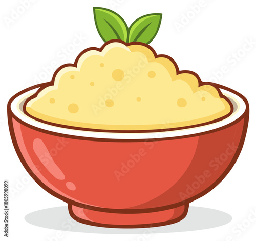Bowl of Mashed Potatoes Topped With Green Herbs, Illustration of Food in Red Bowl