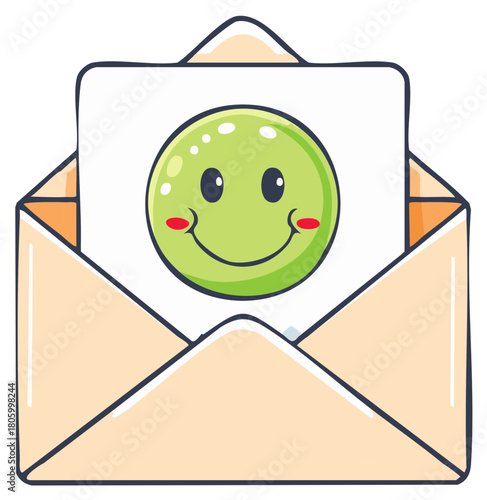 Happy green emoji character on a card inside an open mail envelope cartoon illustration