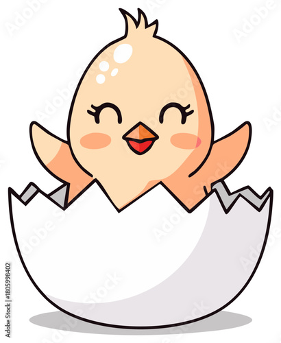 Adorable cartoon chick hatching from a cracked egg with a cheerful expression