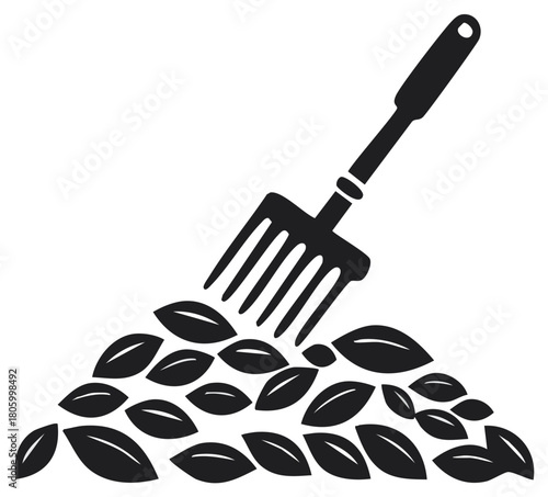 Garden rake tool collecting autumn leaves pile for seasonal yard work cleanup graphic illustration