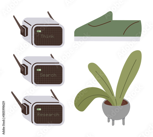 Futuristic gadgets labeled Think, Search, Research, green shoe, smart plant in robotic pot. Ideal for innovation, sustainability, technology creativity eco-living AI and robotics themes. A simple