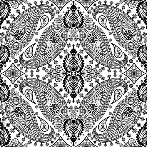 Paisley square seamless pattern.Boho traditional vintage style element black on white background.Motifs flower ornament hand drawn vector.bandana,scarf,head scarf,kerchief,hijab,print fabric,decorate.