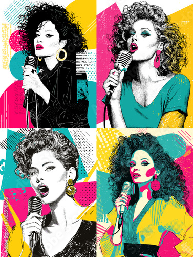 Vibrant pop art portraits of female singers holding microphones, featuring bold colors, expressive poses, stylish fashion, and dynamic retro music themed compositions on white background.