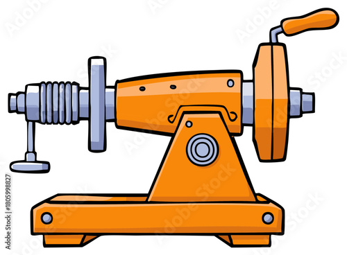 Bright orange old-fashioned metal lathe with silver accents and handle for rotating, close up, cartoon style