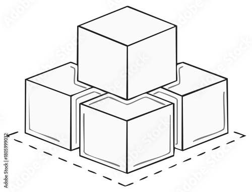 Geometric structure of five stacked cubic blocks showing connection and flow as a conceptual system base