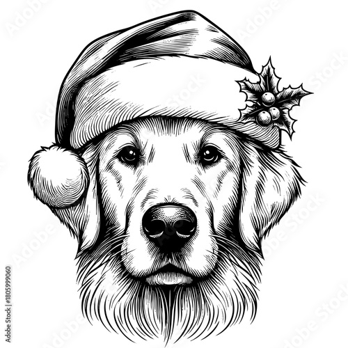 Hand drawn cute Labrador Retriever wearing a Santa hat, vector sketch isolated on white background, SVG vector	