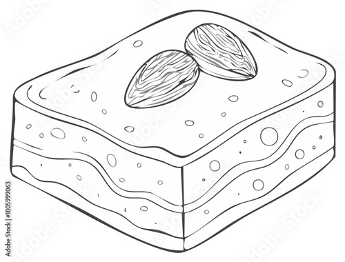 Hand-drawn linear vector illustration of a dessert slice topped with two almonds, for coloring book pages or printables.