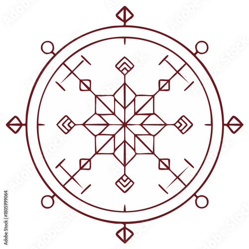 Stylized Snowflake Compass Rose with Geometric Accents and Circular Border