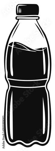 Black and White Outline Illustration of a Plastic Water Bottle Container Filled with Liquid