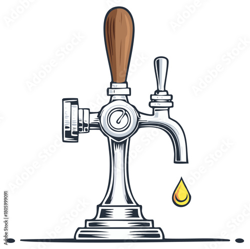 Hand drawn illustration of a classic beer tap with a dripping golden drop of lager