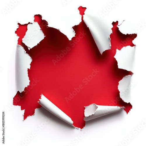 Dynamic torn paper effect on a pristine white background, exposing a vivid red empty space ideal for innovative text and visuals