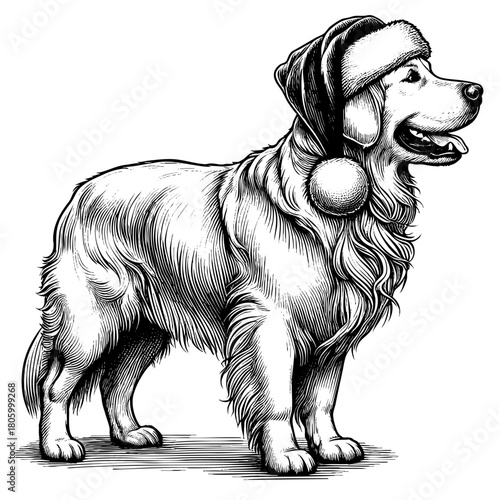 Hand drawn cute Labrador Retriever wearing a Santa hat, vector sketch isolated on white background, SVG vector	