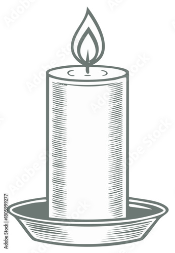 Single lit candle with flame and wick on a plate, engraved style illustration