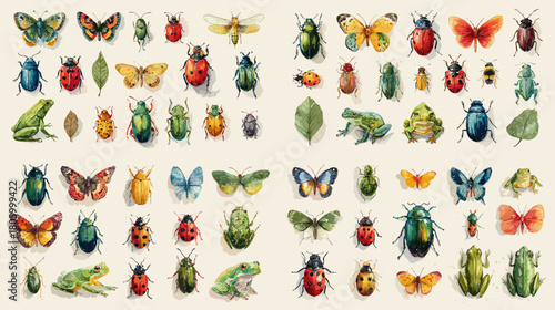 Illustration set of butterflies, beetles, ladybugs, frogs, and insects in bright natural colors, showcasing diverse species with detailed wings, patterns, and forest inspired elements.