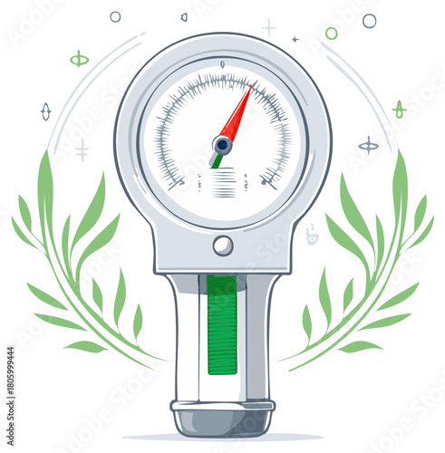 Handheld spring scale measurement tool with green botanical accents and abstract decorative elements