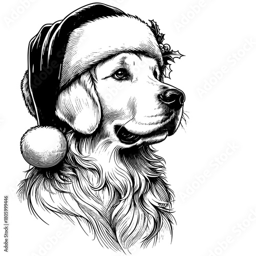 Hand drawn cute Labrador Retriever wearing a Santa hat, vector sketch isolated on white background, SVG vector	