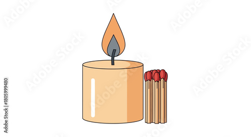 A lit candle and a bundle of matches.