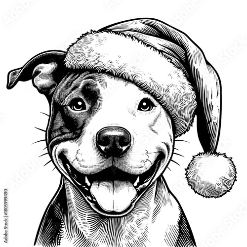 Hand drawn cute Pit Bull wearing a Santa hat, vector sketch isolated on white background, SVG vector