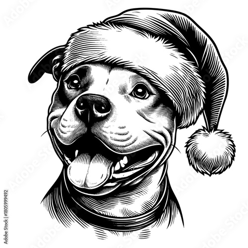 Hand drawn cute Pit Bull wearing a Santa hat, vector sketch isolated on white background, SVG vector