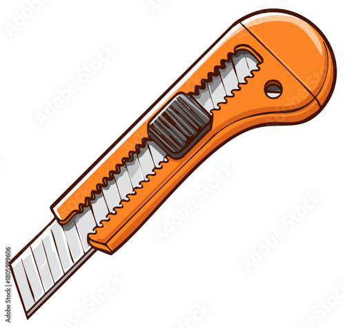 Cartoon illustration of an orange utility knife for cutting, crafting and work.