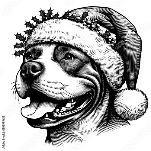 Hand drawn cute Pit Bull wearing a Santa hat, vector sketch isolated on white background, SVG vector