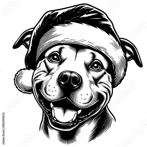 Hand drawn cute Pit Bull wearing a Santa hat, vector sketch isolated on white background, SVG vector