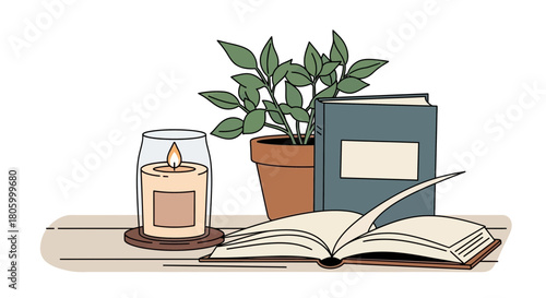 Cozy Reading Nook with Candle Plant and Open Book on a Shelf.