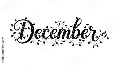 Elegant calligraphy of the word december decorated with twinkling christmas lights