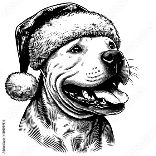 Hand drawn cute Pit Bull wearing a Santa hat, vector sketch isolated on white background, SVG vector