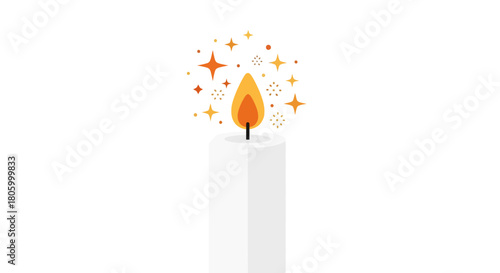 Magical glowing candle flame with festive sparkles and stars.