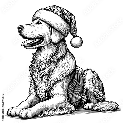 Hand drawn cute Labrador Retriever wearing a Santa hat, vector sketch isolated on white background, SVG vector	