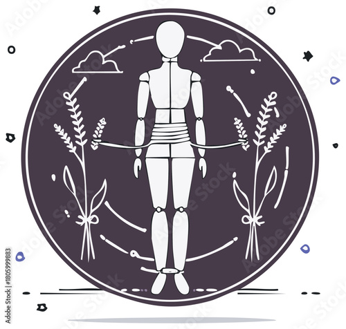 Stylized Mannequin in Circle with Flowers, Clouds and Constellation Accents in a Minimalist Design