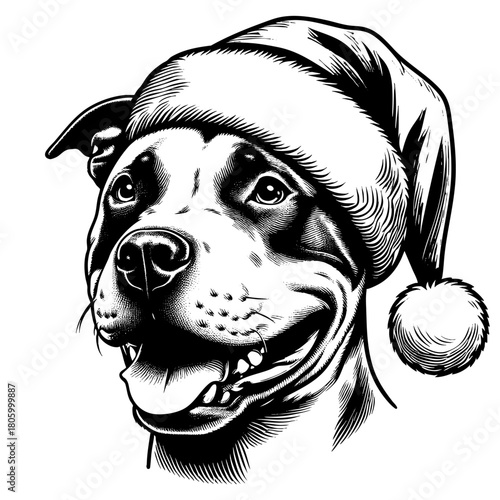 Hand drawn cute Pit Bull wearing a Santa hat, vector sketch isolated on white background, SVG vector