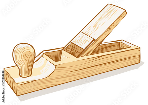 A hand drawn illustration of a classic wooden block plane for carpentry and woodworking