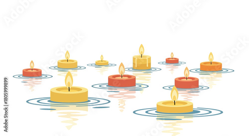 Colorful floating candles creating ripples on a calm water surface.
