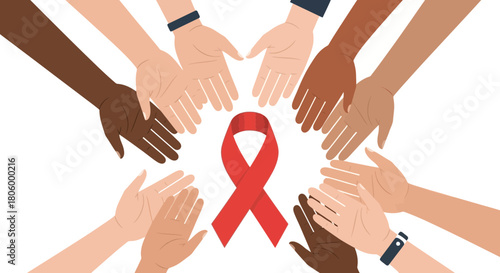 Diverse Hands Unite Around Red Ribbon Symbolizing AIDS Awareness and Support.