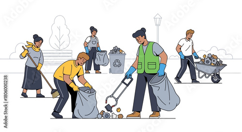 Community volunteers cleaning up litter and trash in public park.