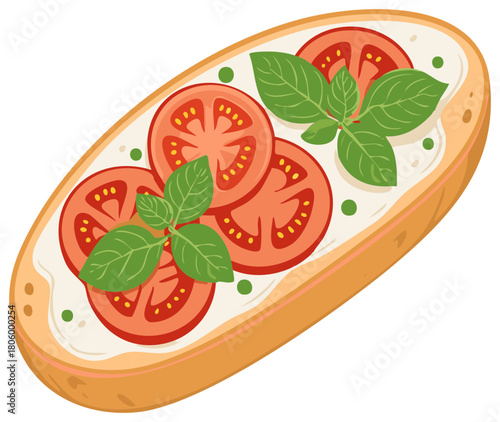 Delicious oval bruschetta with sliced tomatoes fresh basil and creamy cheese spread